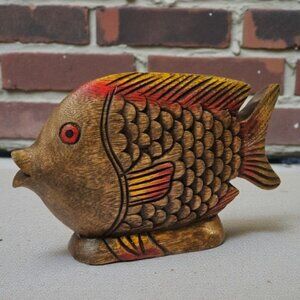 Hand-Carved Wooden Tropical Fish Figurine Rustic Finish Coastal Décor